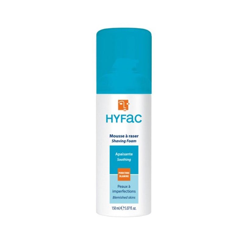 Hyfac Shaving Foam 150ml for acne-prone skin, smooth shaving, blue cap.