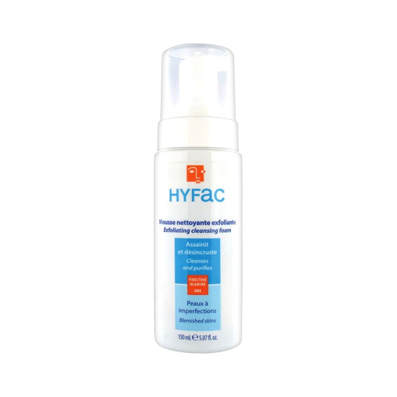 Hyfac Exfoliating Cleansing Foam 150ml bottle with anti-bacterial properties.