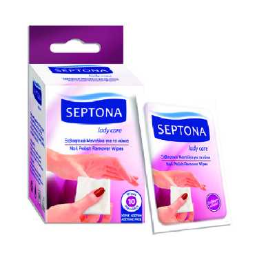 Septona Nail Polish Remover wipes pack with aceton-free formula and vitamin E.