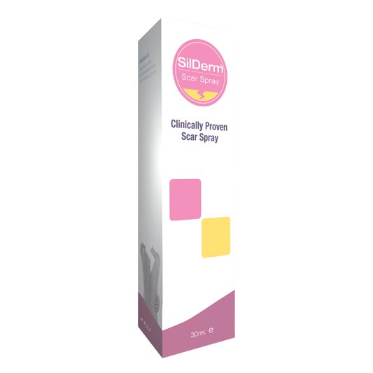 Silderm Scar Spray 30 ml packaging for reducing redness and size of scars.