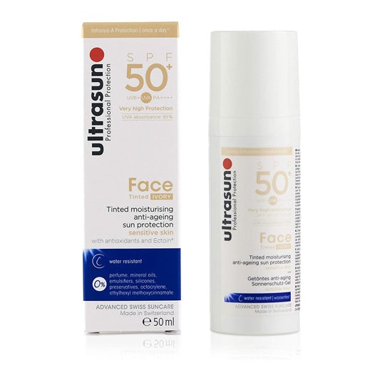 Face tint with SPF50+ in ivory shade for sun protection and even coverage, 50 ml.