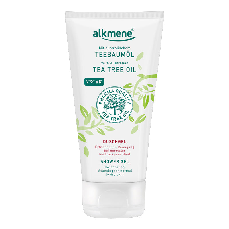 Alkmene Tea Tree Shower Gel 200ml bottle with natural tea tree oil ingredients.