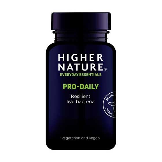 Higher Nature Pro-Daily Hardy L. Bacteria supplement bottle, supports gut health.