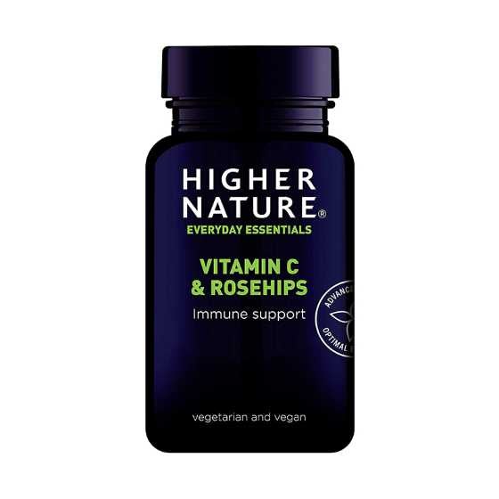 Higher Nature Rosehips C 90S Tabs for iron absorption, vegetarian and vegan-friendly supplement.