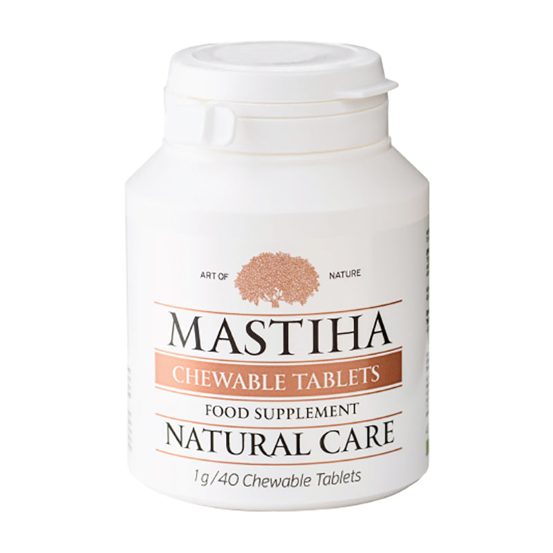 Mastiha Chewable Tabs bottle, natural Chios Mastiha resin supplement for digestive health and oral hygiene.