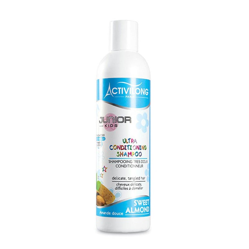 Activilong Jr Kids Ultra Conditioning Shampoo 250ml bottle with sweet almond oil, gentle care for children's hair.