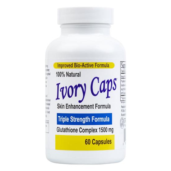 Ivory Caps Glutathione Supplement bottle with Triple Strength Formula, 1500 mg, 60 capsules.