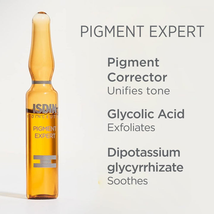 ISDIN Isdinceutics Pigment Expert serum ampoule for brightening, exfoliating, and soothing skin tone.