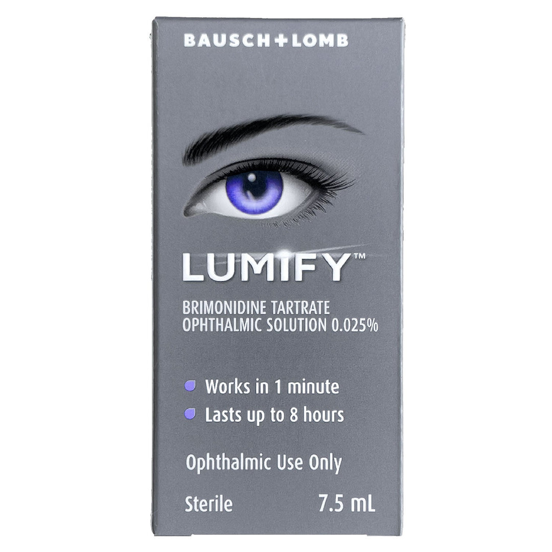 Lumify 0.025% Ophthalmic Solution 7.5ml packaging for eye redness relief.