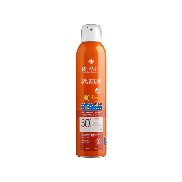 A bottle of Rilastil Sun System Baby SPF50+ Transparent Spray, 200ml, with orange and white labeling.