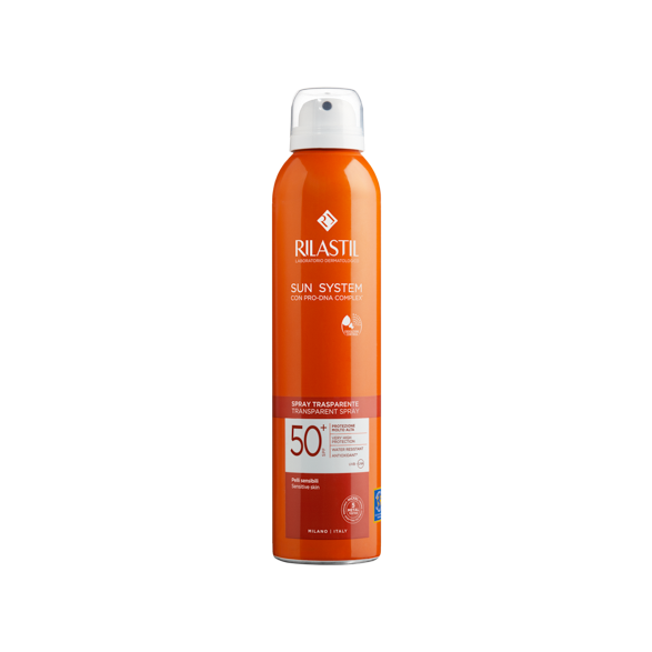 A bottle of Rilastil Sun System SPF 50+ Transparent Spray with a predominantly orange label and a white cap.