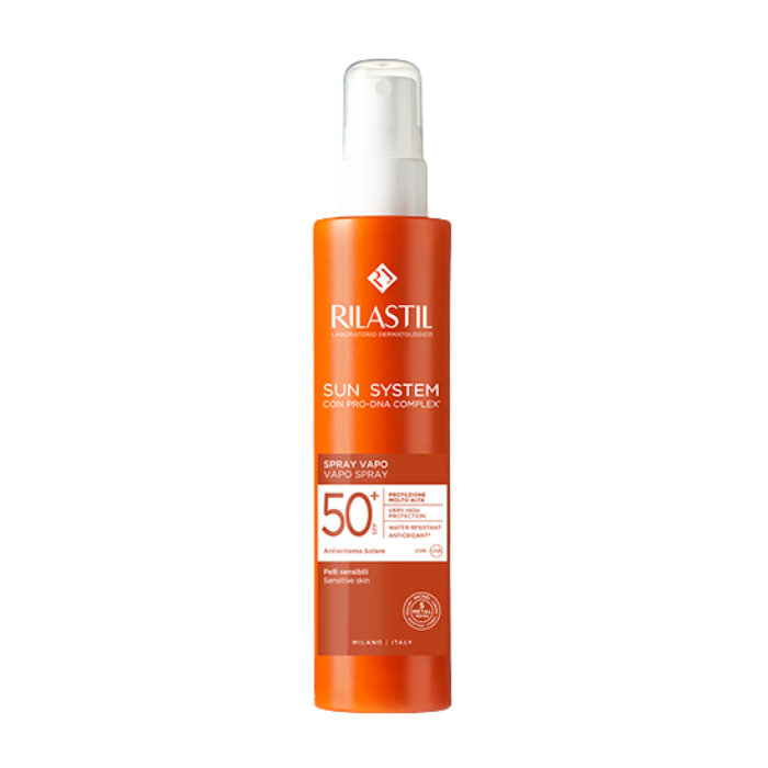 A bottle of Rilastil Sun System SPF 50+ Vapo Spray, with a white and orange label, indicating high sun protection.