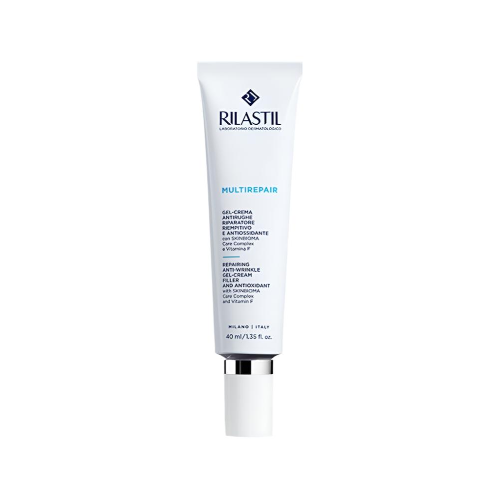 A tube of Rilastil Multi Repairing & Anti-wrinkle Gel Cream with white and blue packaging.