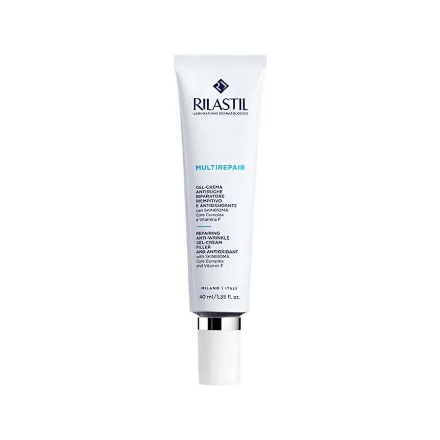 A tube of Rilastil Multi Repairing & Anti-wrinkle Gel Cream with white and blue packaging.