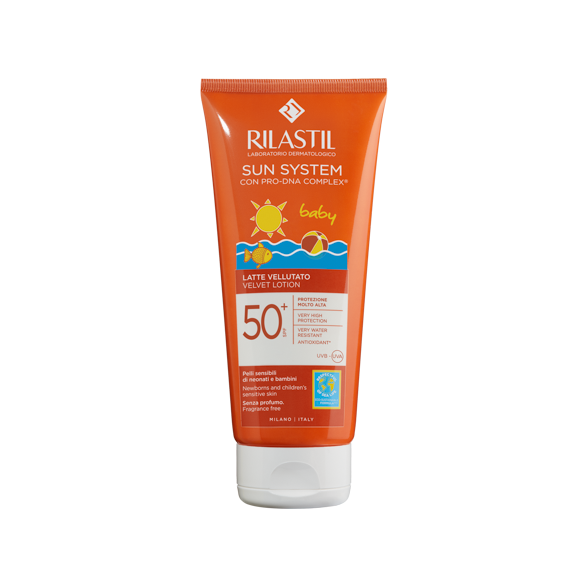 A tube of Rilastil Sun System Baby SPF 50+ Velvet Lotion with a bright orange label, indicating high sun protection for babies.