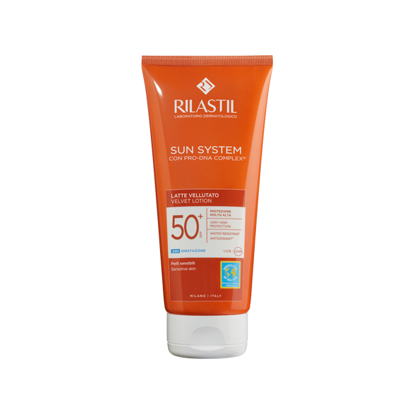 A tube of Rilastil Sun System SPF 50+ Velvet Lotion, with a bright orange label and a white cap.