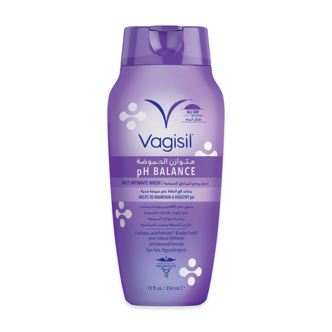 Vagisil Intimate Wash PH-Balanced 354 ML bottle, hypoallergenic, gynecologist-tested, with chamomile for all-day freshness.