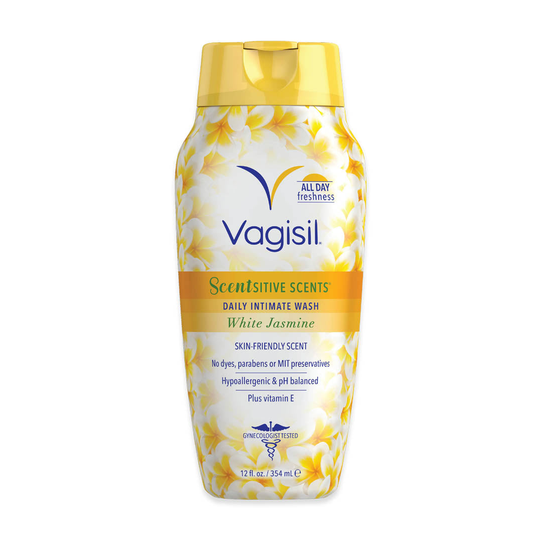 Vagisil Intimate Wash White Jasmine 354 ML bottle with skin-friendly scent, hypoallergenic, and pH balanced.