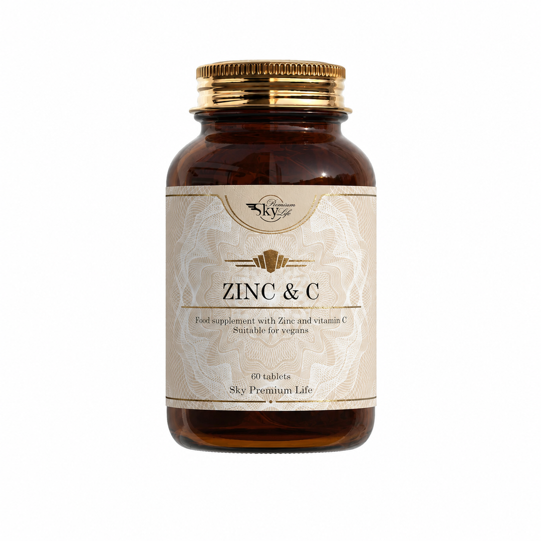 Amber glass jar with gold lid labeled 'Zinc & C' on a white background