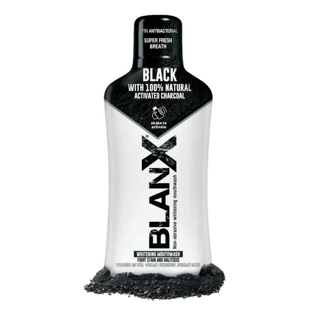 Blanx Black Charcoal Mouthwash 500ml with natural activated charcoal for whitening and stain removal.