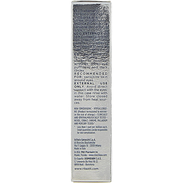 Back of a Rilastil skincare product packaging with text on a white background