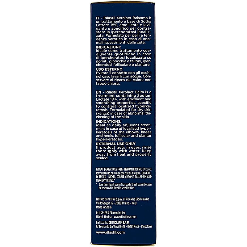 Back of a blue Rilastil Xerorolact balm packaging with text on a white background