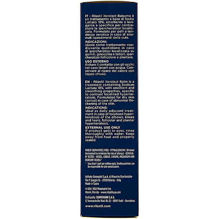 Back of a blue Rilastil Xerorolact balm packaging with text on a white background