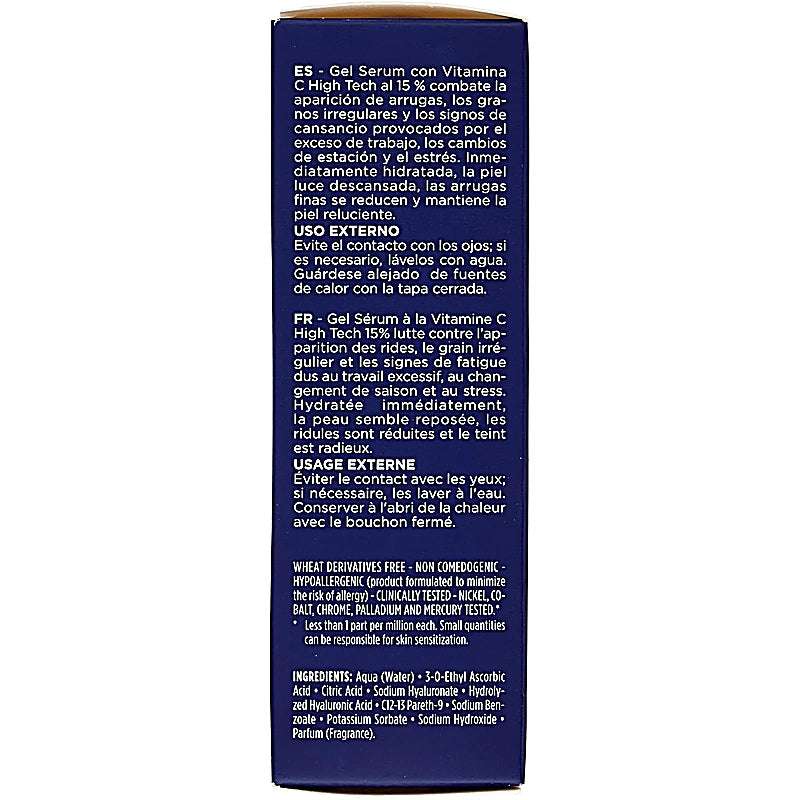 Back of a blue skincare product packaging with text and ingredient list.