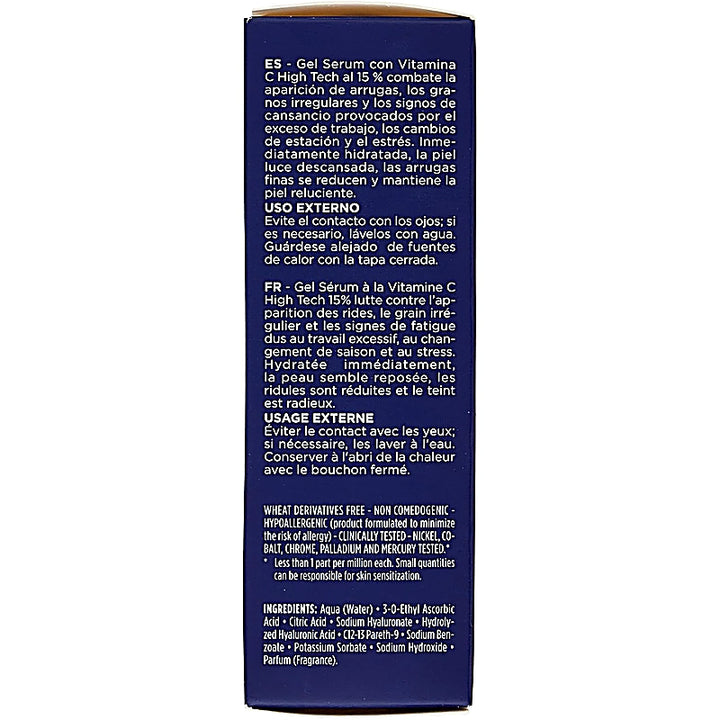 Back of a blue skincare product packaging with text and ingredient list.