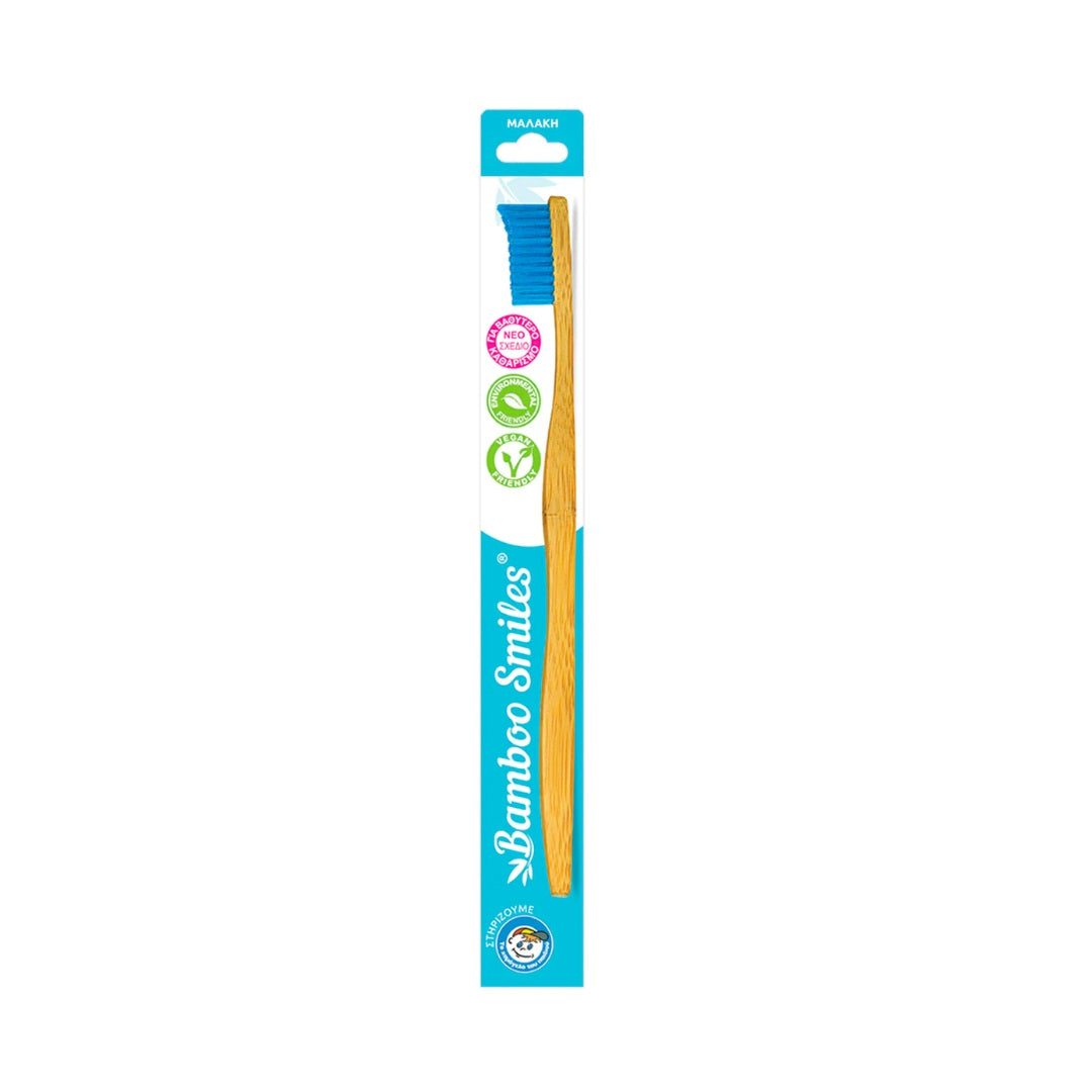 Bamboo Smiles Toothbrush Adult Soft Blue with eco-friendly bamboo handle.