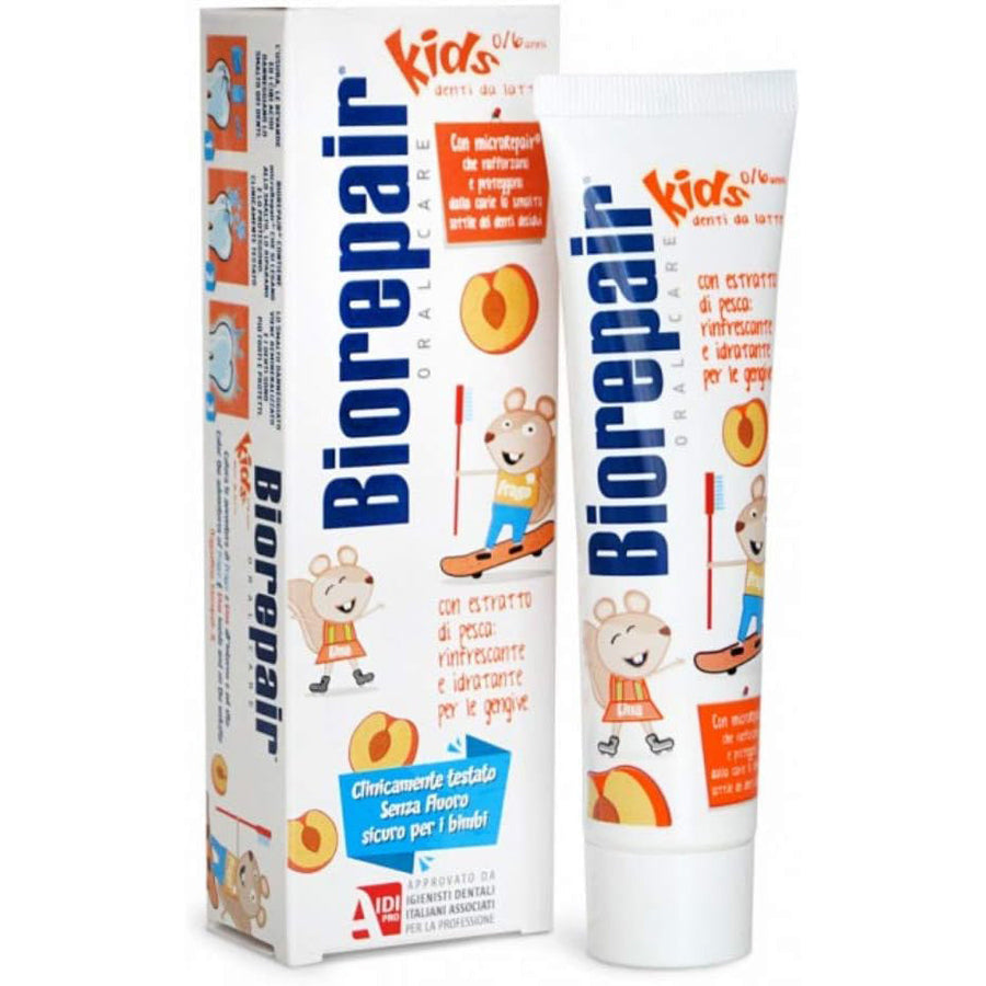 Peach-flavored toothpaste for children, ensuring gentle cleaning for kids aged 0-6 years.