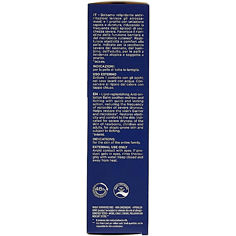 Blue product packaging with text on a white background