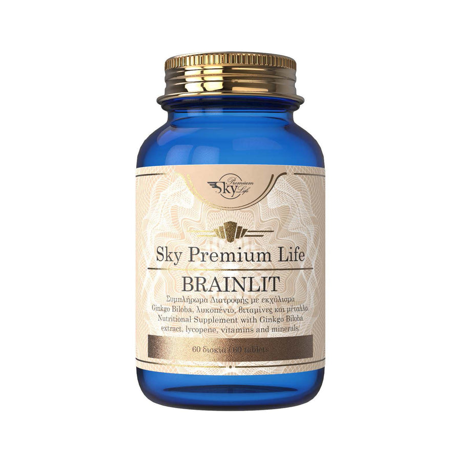 Blue supplement bottle labeled 'Sky Premium Life Brainlit' on a white background