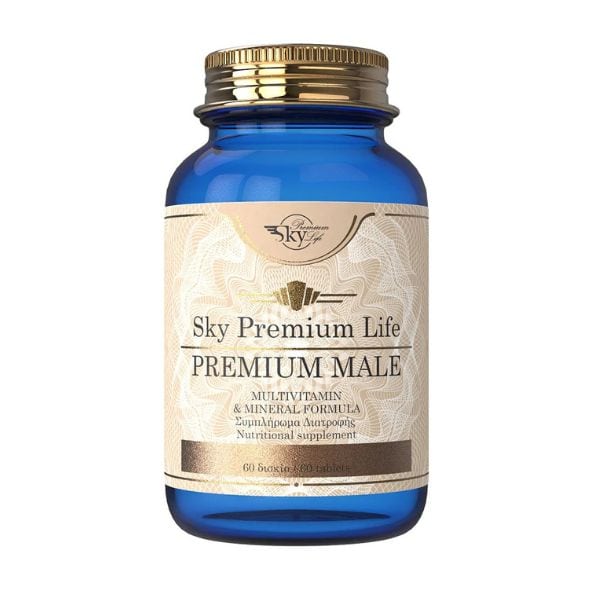 Blue supplement bottle labeled 'Sky Premium Life Premium Male' on a white background