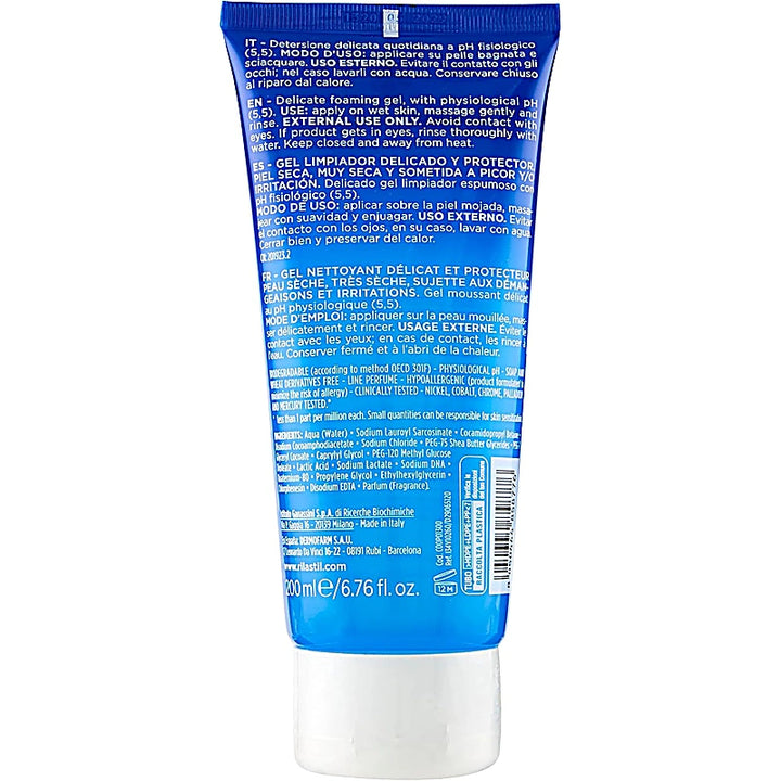 Blue tube with white text on a white background