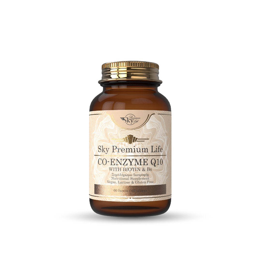 Bottle of Sky Premium Life Co-Enzyme Q10 supplement on a white background