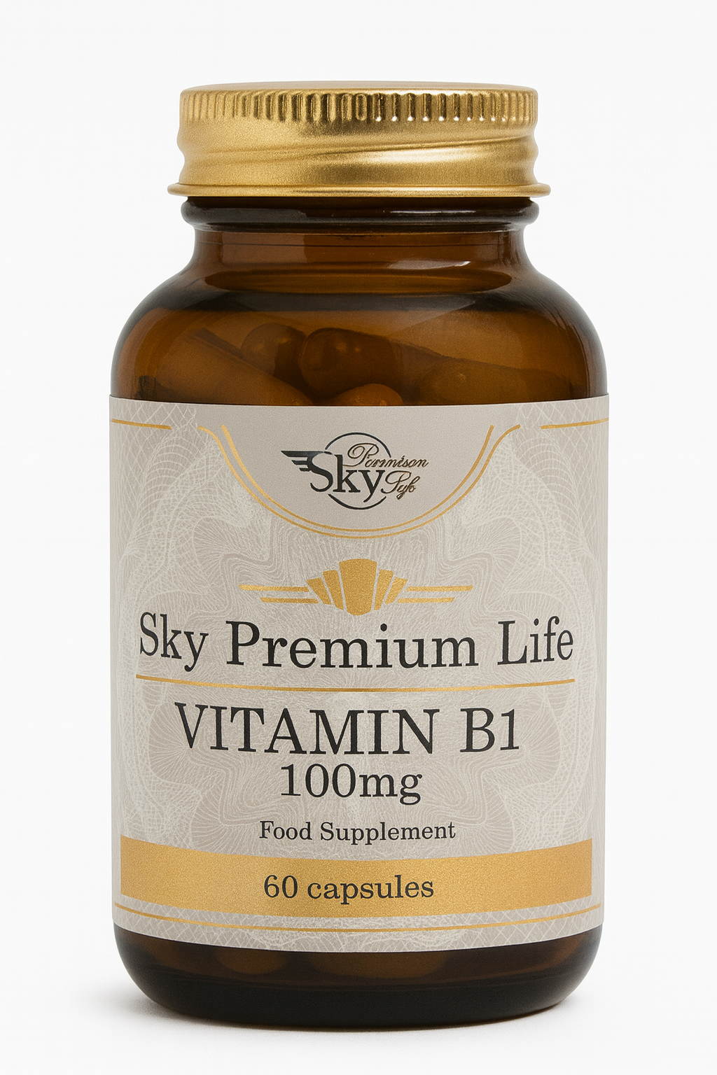 Bottle of Sky Premium Life Vitamin B1 supplement on a white background