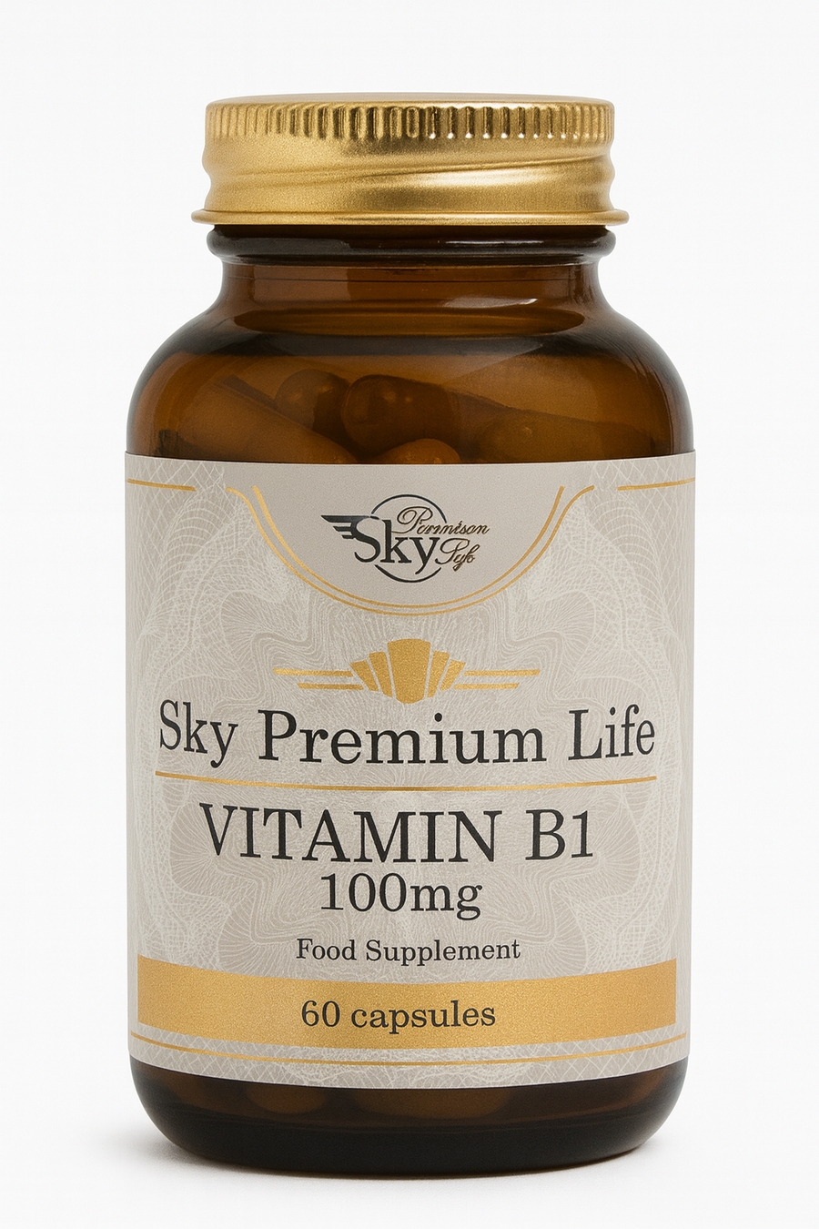 Bottle of Sky Premium Life Vitamin B1 supplement on a white background