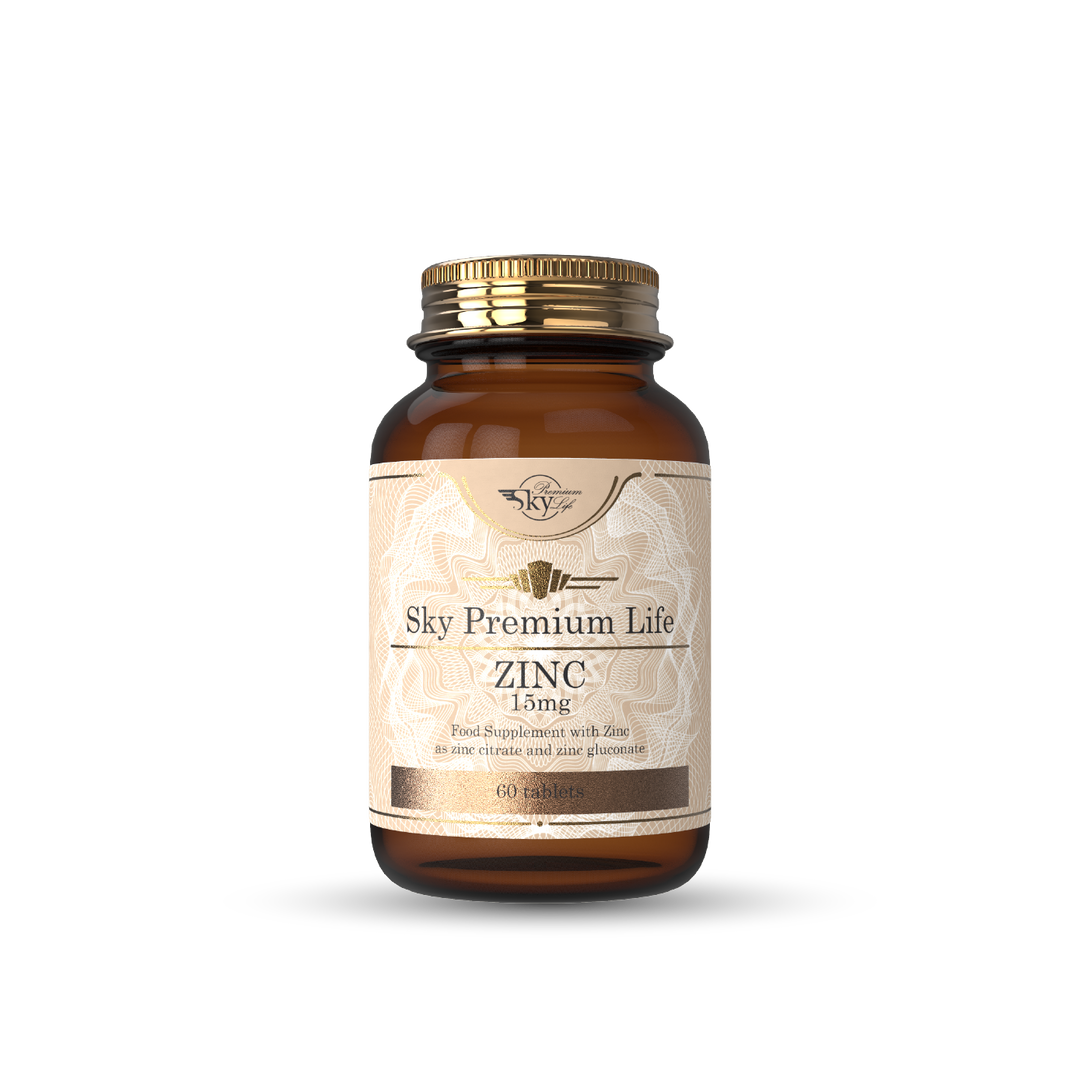 Bottle of Sky Premium Life Zinc 15MG supplement on a white background