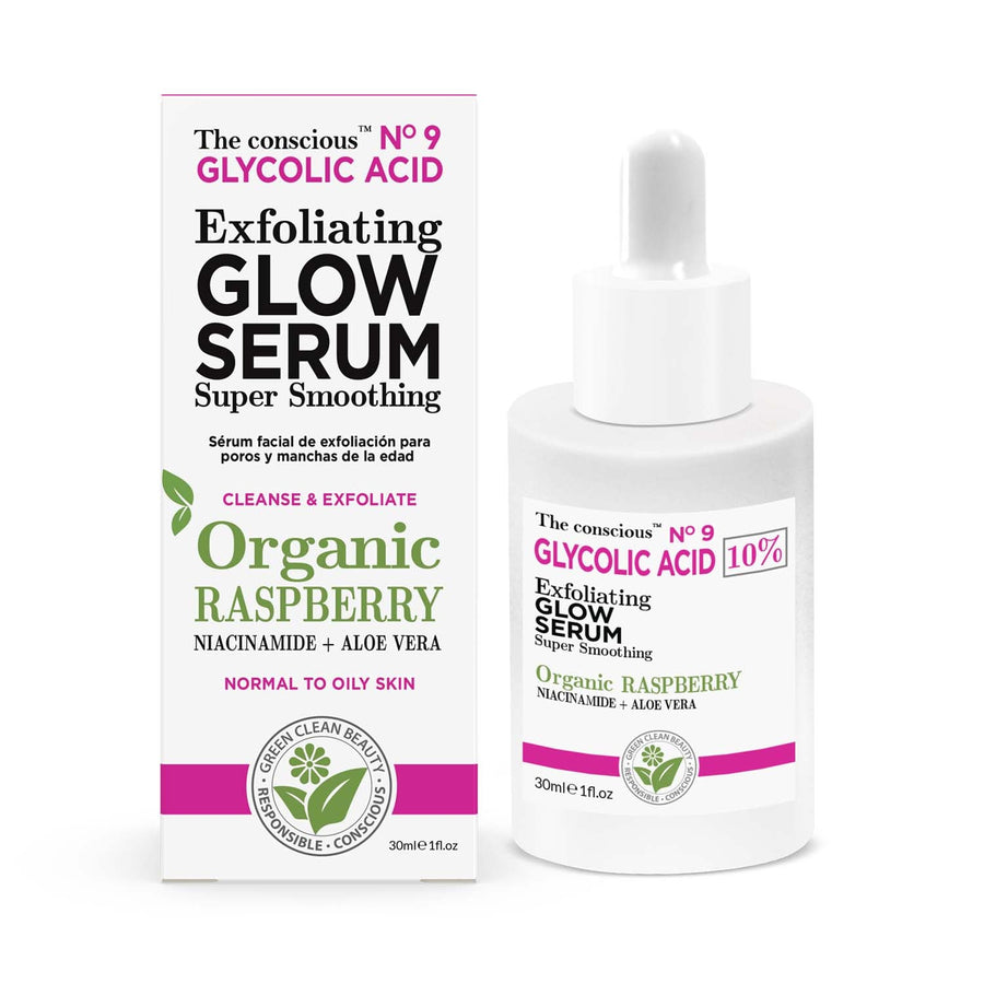 The Conscious Glycolic-Acid Exfoliating Serum 30ml with organic raspberry for smooth, glowing skin.