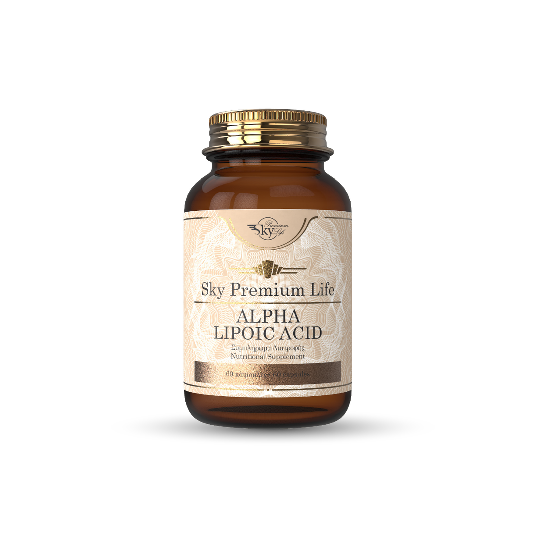 Brown supplement bottle labeled 'Alpha Lipoic Acid' by 'Sky Premium Life' on a white background
