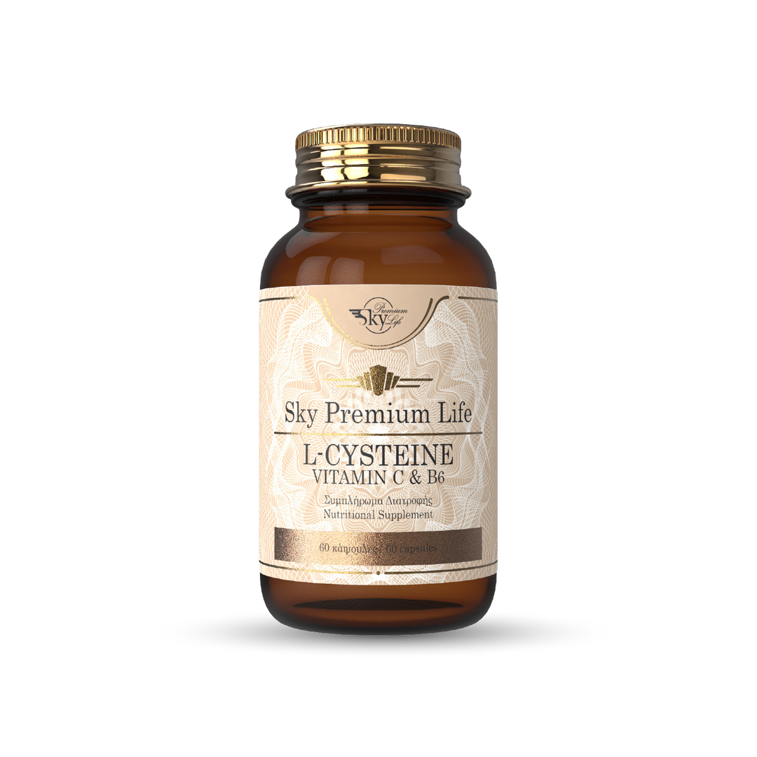 Brown supplement bottle labeled 'Sky Premium Life L-Cysteine Vitamin C & B6' on a white background