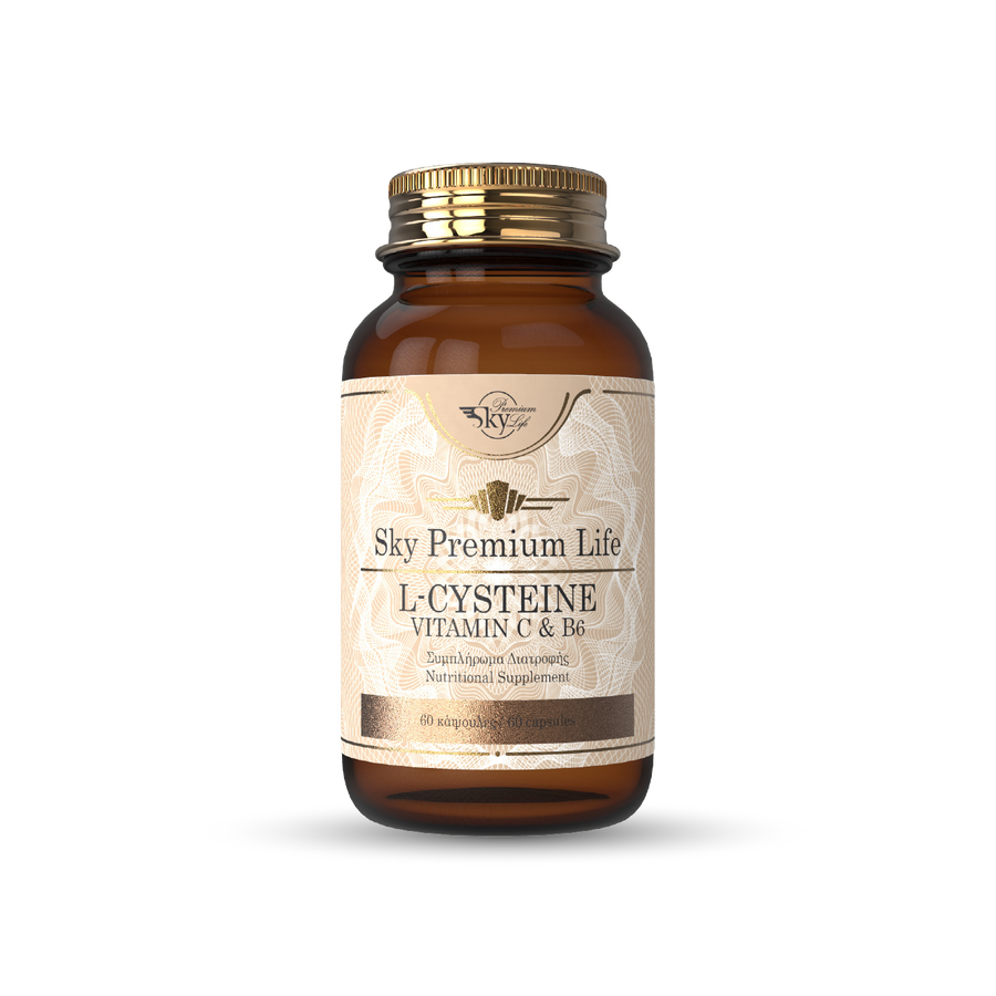 Brown supplement bottle labeled 'Sky Premium Life L-Cysteine Vitamin C & B6' on a white background