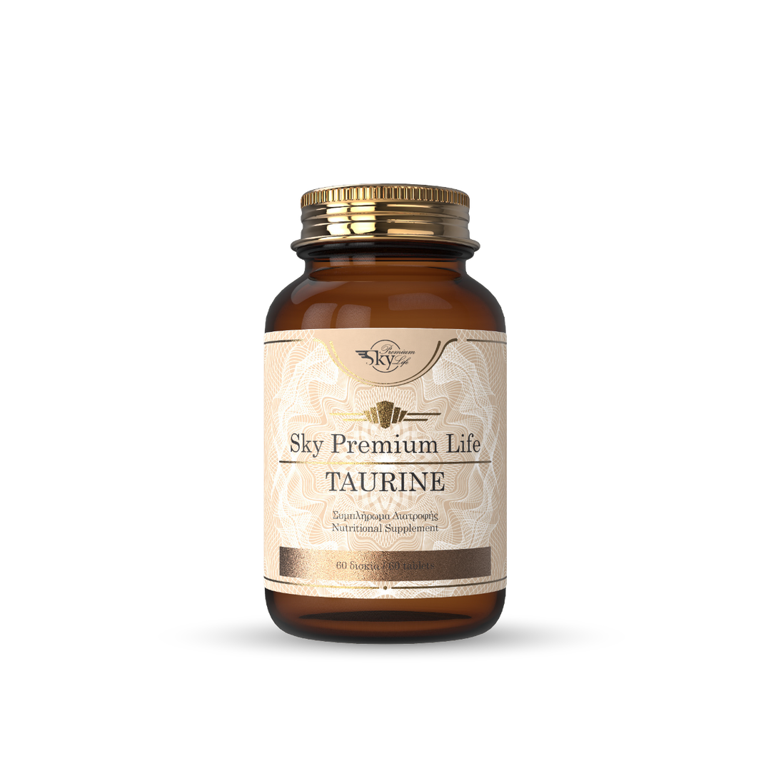 Brown supplement bottle labeled 'Sky Premium Life Taurine' on a white background