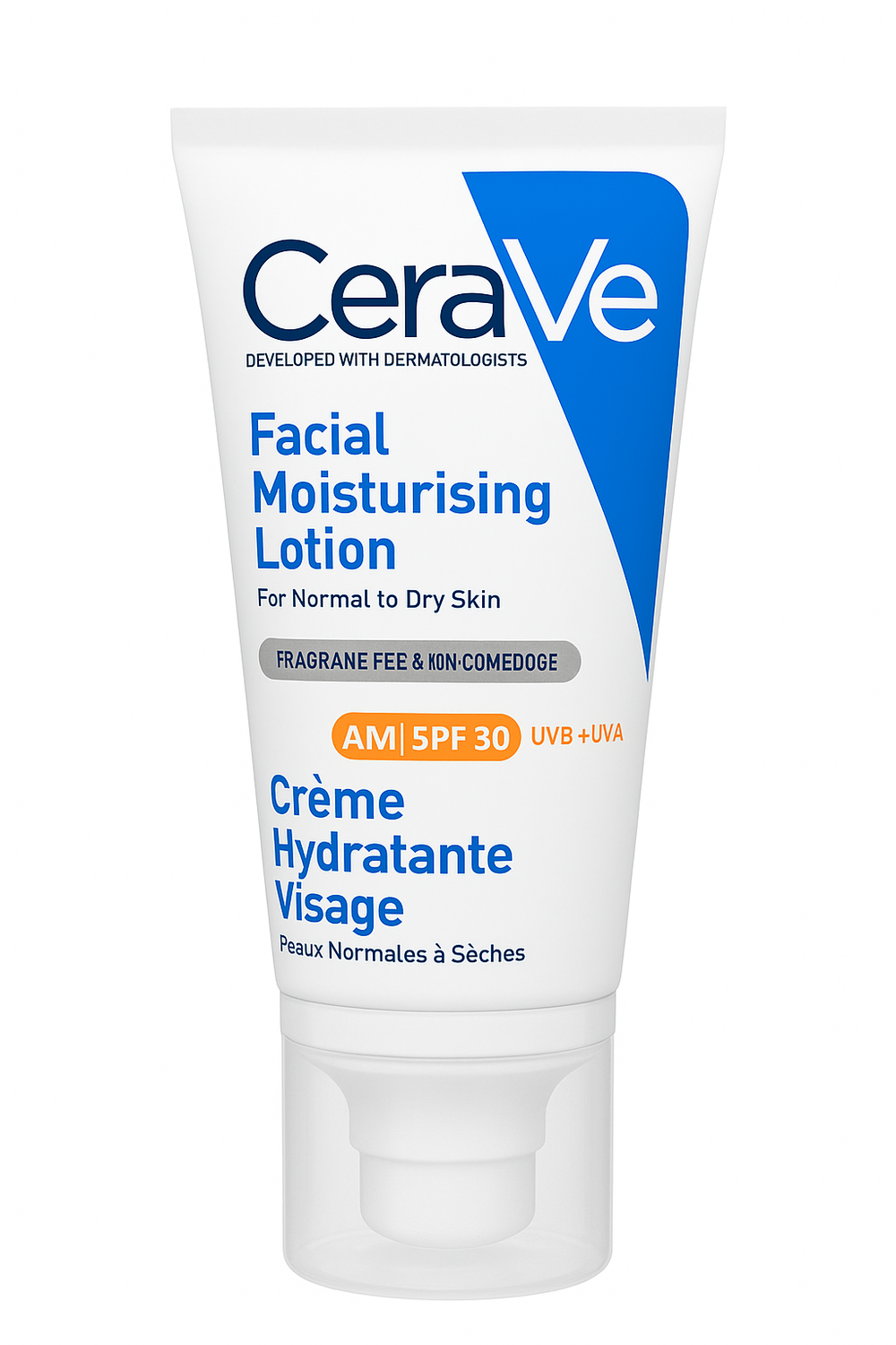 Cerave Facial Moisturising Lotion AM SPF30 for normal to dry skin, fragrance-free, non-comedogenic moisturizer with broad spectrum UVA/UVB protection.