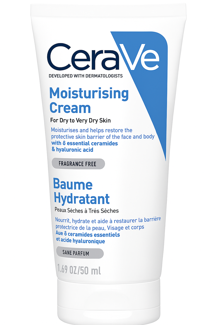 Cerave Moisturising Cream 50ml tube for dry to very dry skin with ceramides and hyaluronic acid, fragrance free.