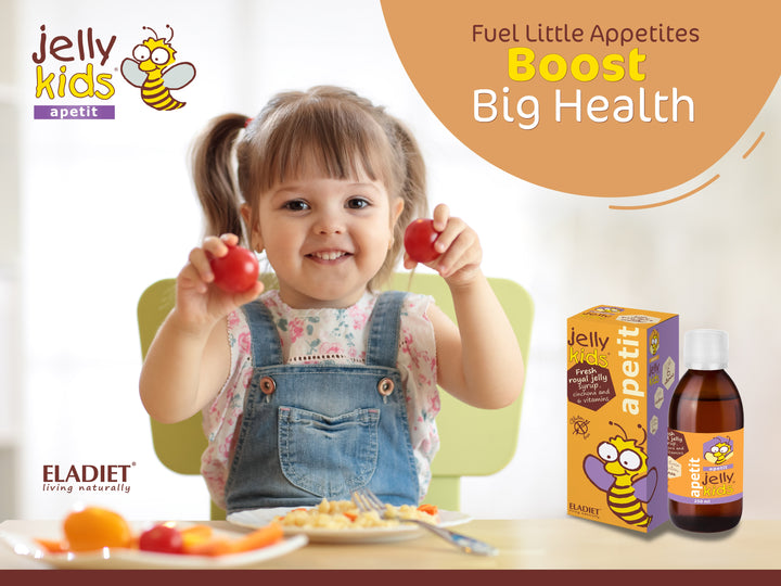 Child holding two red jelly beans with 'Jelly Kids Apetit' branding and product packaging in the background.