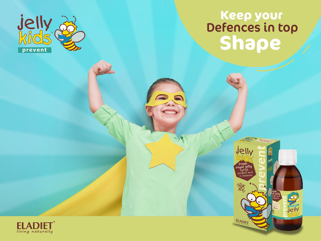 Child in superhero costume with Jelly Kids prevent products on a blue and green background