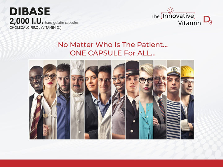 Dibase 2000.I.U. capsules bottle with vitamin D3 supplement packaging