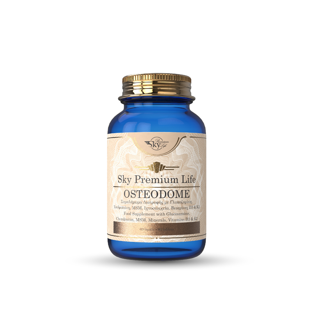 Blue supplement bottle labeled 'Sky Premium Life Osteodome' on a white background